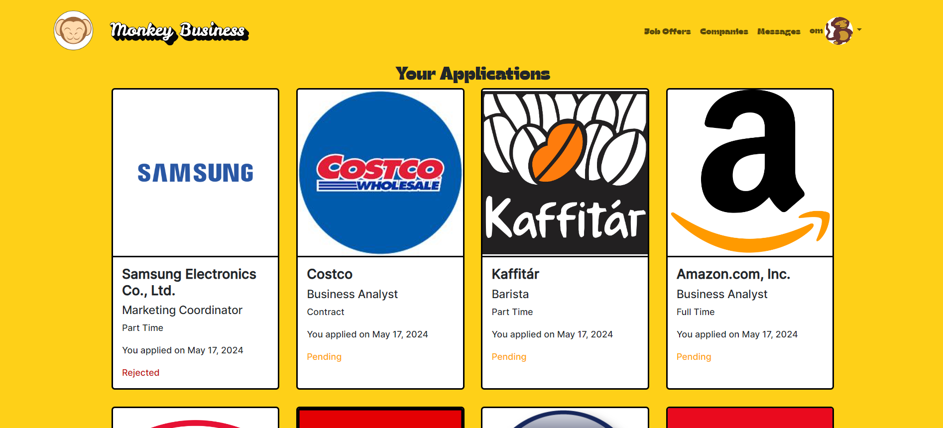 Monkey Business applications page